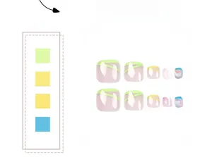 Detail view of colorful press-on toenails featuring translucent pastel shades and stripes