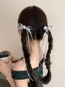 Détail de barrettes à nœuds en soie argentée avec roses sur coiffure à tresses