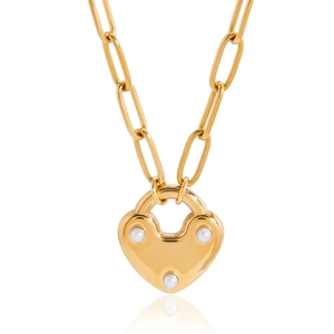 Collier pendentif cadenas coeur doré avec chaîne trombone et trois perles blanches