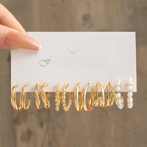 Juego de 6 Pares de Pendientes de Aro de Oro y Plata para Mujer Pendientes en Forma de C Trenzados Personalizados con Perlas Artificiales