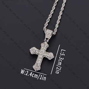 Silver hip hop cross pendant necklace with clear rhinestones and dimensions shown