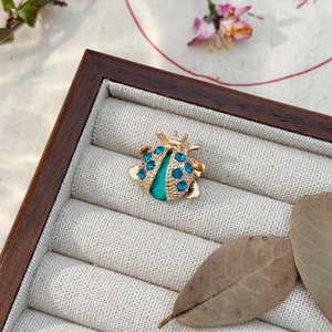 Detail of ladybug brooch with blue rhinestones and green gemstone in a jewelry box