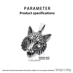 Detailed specs of the vintage wolf head stainless steel pendant, size 43x34mm, weight 45g