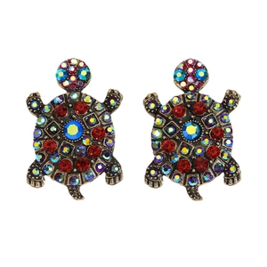 Exquisite turtle drop earrings with colorful crystals and vintage bronze finish base