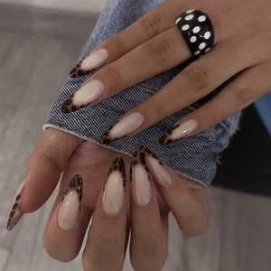 French Leopard Print Press On Nails Long Almond Shape Glossy ABS False Nails Elegant Wearable Manicure For Women