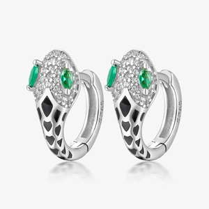 S925 sterling silver snake hoop earrings with clear diamonds and green gemstone eyes