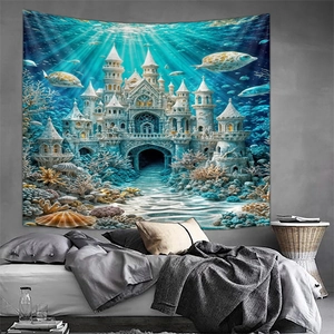 Detailed view of undersea fantasy castle tapestry hanging as bedroom decor