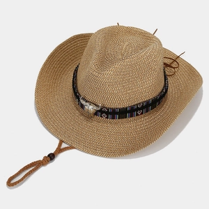 Straw western cowboy hat with ethnic jacquard band and metallic steer head ornament