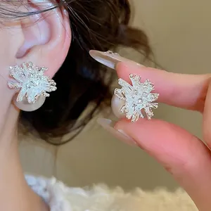 Elegant silver fireworks snowflake stud earrings with large pearl backings for women