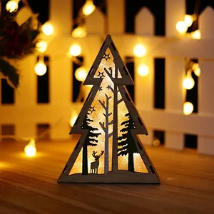 Wooden Christmas tree light ornament with Santa and forest cutouts, 14x4.5x20cm size