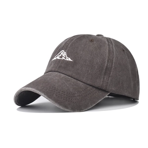 Vintage washed dark grey cotton baseball cap featuring minimalist mountain peak embroidery