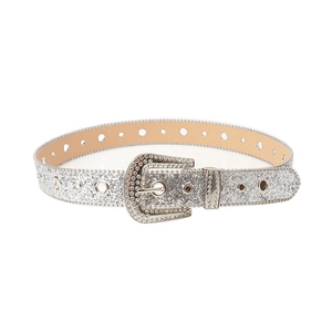 Sparkling silver punk belt with glitter sequins and oversized rhinestone buckle