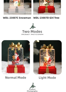 Close-up of LED Christmas lantern featuring Santa and snowman with size and mode details