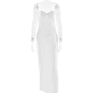 Elegant white lace patchwork long sleeve slim dress with square neck and lace-up chest detail