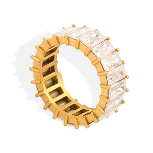 Elegant gold-plated eternity ring featuring emerald-cut cubic zirconia in a pave setting