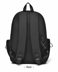 Detailed back view of a black minimalist school backpack with padded shoulder straps