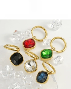 Detail of colorful square zircon earrings in 18K gold plated stainless steel