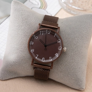 Women's quartz watch with coffee brown magnetic mesh strap and white numeral dial