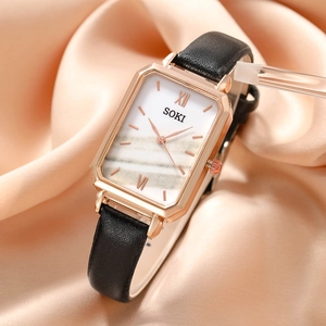 Elegant SOKI square watch with rose gold case, marble dial, and black leather strap