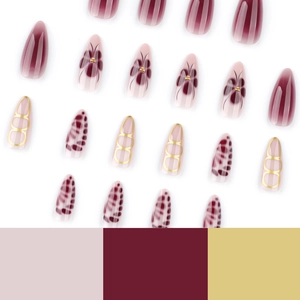 Almond-shaped press-on nails featuring burgundy gradient and floral flower patterns