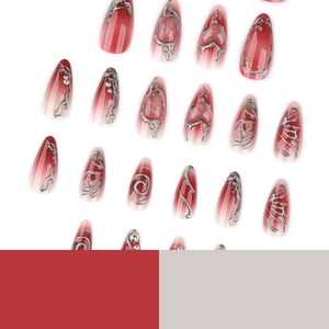 Y2K almond red gradient press-on nails with 3D silver liquid metal hearts and pearls