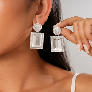 Orecchini Pendenti Rettangolari Geometrici Lega Strass Con Perno In Argento Sterling 925 Gioielli Eleganti Donna