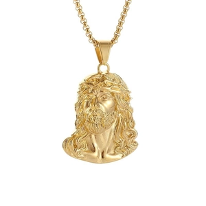 Polished gold Jesus head pendant necklace in stainless steel with a sturdy box chain design