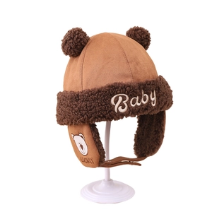 Brown baby trapper hat with bear ears and faux fur lining for winter warmth