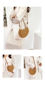 Detail of hand-woven straw shoulder bag featuring scalloped edges and pattern