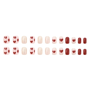24pcs short square red heart and champagne glitter press-on nails set with glossy finish