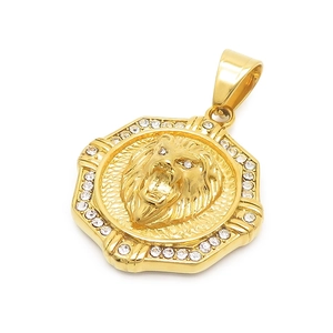 Hip hop style gold octagonal pendant with lion head relief and sparkling crystals