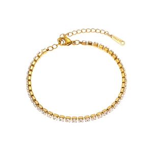 Gold-plated stainless steel tennis bracelet featuring multi-row zircon crystals with lobster clasp