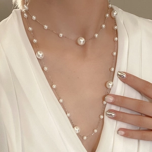 Multi Layer Faux Artificial Pearl Necklace French Retro Light Luxury Copper Chain Long Sweater Jewelry Elegant Versatile For Women