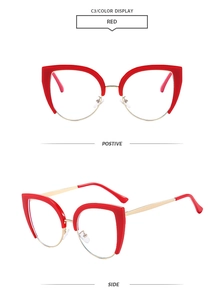 Front and side views of vintage red cat-eye glasses with golden metal temples