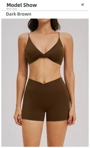 Detailed view of V-neck strappy sports bra and high waist shorts in dark coffee brown