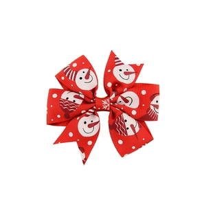 Christmas hair clip with red ribbed ribbon, white snowman and snowflake prints