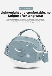 Detail of light blue waterproof crossbody bag featuring multiple zipper pockets and lightweight design