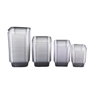 Stack of transparent PET square mooncake trays and pastry packaging in various sizes