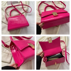 Detailed views of purple crocodile-patterned tote with gold clasp and woven handle
