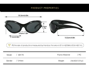 Detailed size specifications for Y2K sports sunglasses including width and temple length