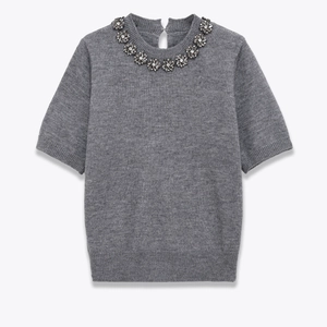 Women Short Sleeve Knit Top Round Neck Grey Rhinestone Flower Crystal Beaded Casual Elegant Pullover Sweater