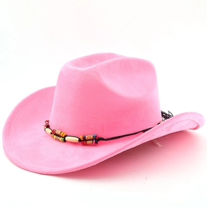 Close-up of pink suede cowboy hat featuring ethnic colorful beaded band and curved brim