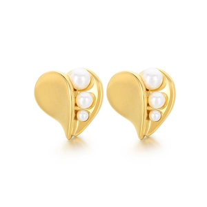 Elegant gold heart earrings with triple inset pearls displayed on a clean white background