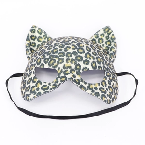 Leopard print cat ear masquerade mask with patent finish and elastic strap for parties