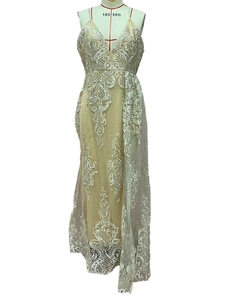 Détails de dentelle blanche brodée sur une robe longue en tulle couleur champagne