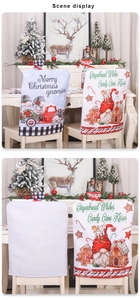 Detail of Christmas gnome chair covers with Merry Christmas text and festive patterns