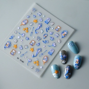 Macro view of 5D mermaid shell embossed nail stickers with intricate 3D texture details