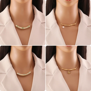 Stainless Steel Irregular Geometric Necklace Gold Plated With Green Gemstone Artificial Pearl And Heart Pendant Jewelry For Women