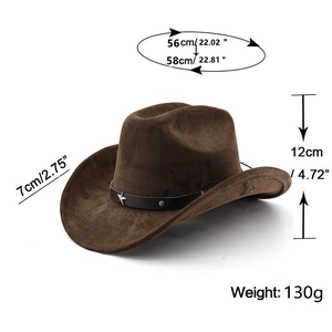 Detailed size specifications for dark brown western cowboy hat with star belt accent