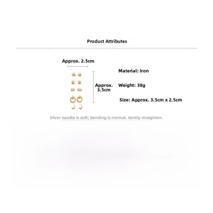 Detailed view of a gold-finish metal earring set with diverse geometric shapes and studs